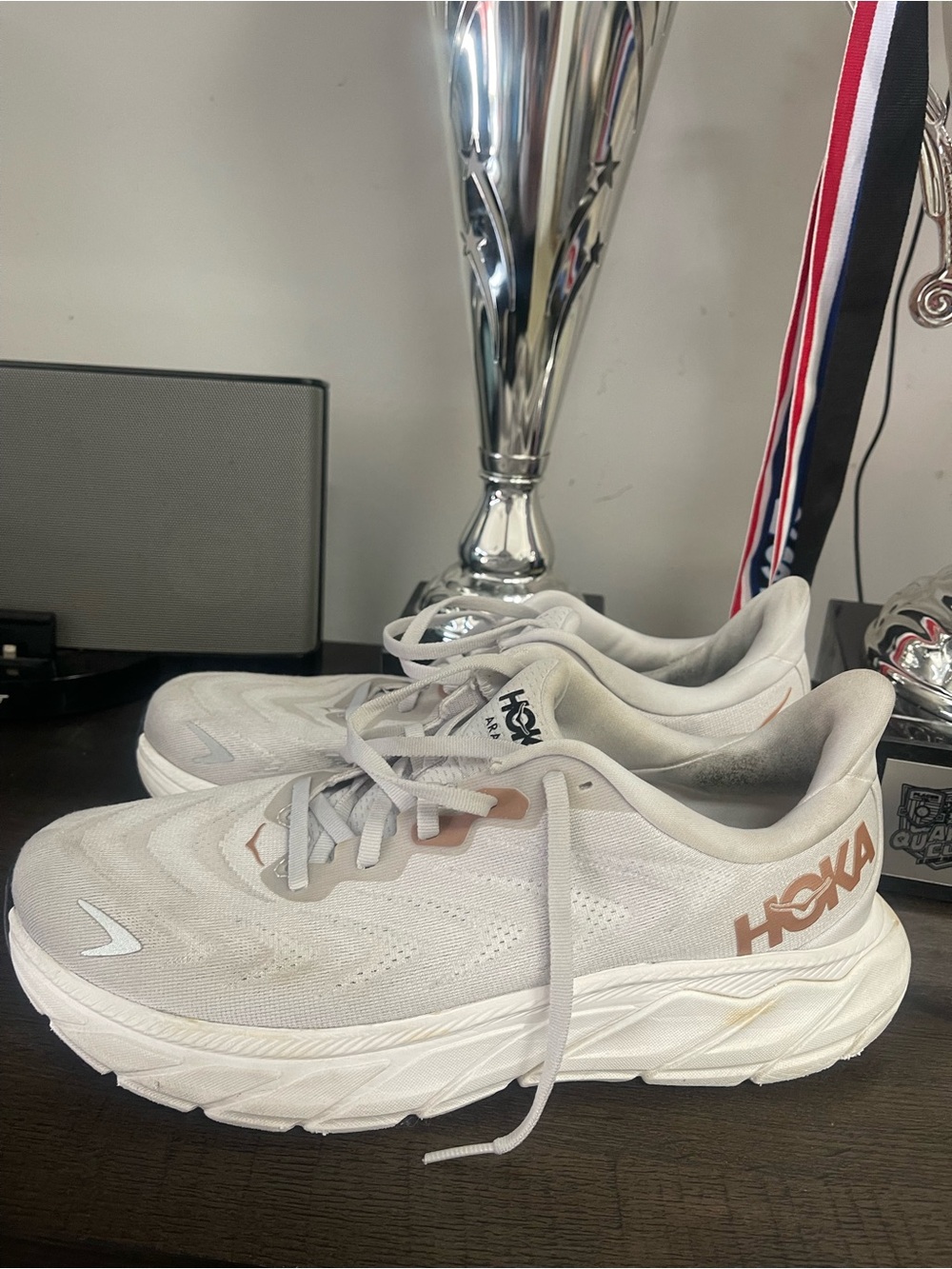 Hoka Women's Running Sneakers in Light Gray with Rose Accent